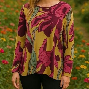 SOFT SURROUNDINGS Crewneck Floral Knit 3/4 Sleeve Sweater Size 2x